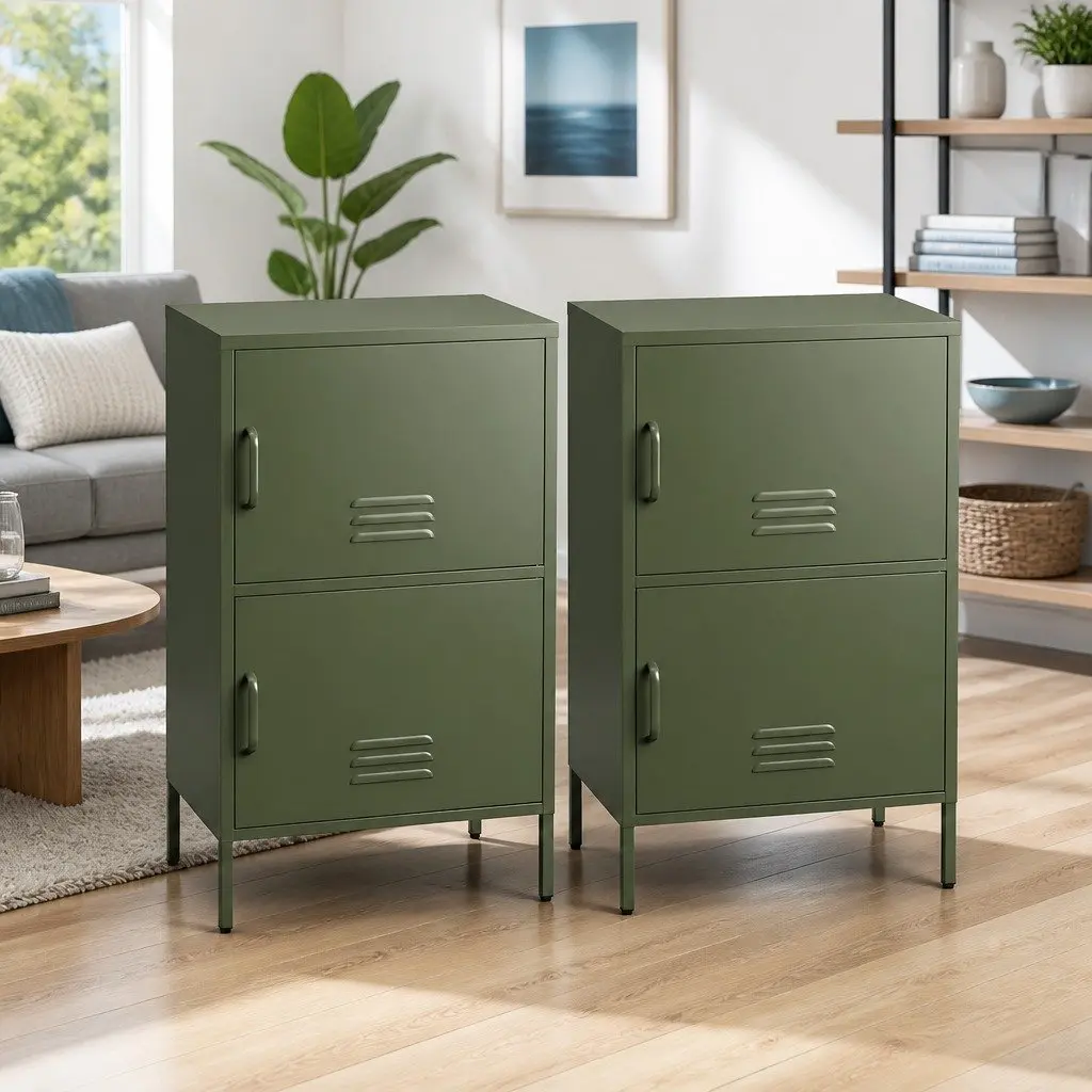 Green Buffet Sideboard Cabinet 2 Door Storage Unit Adjustable Shelves Set of 2