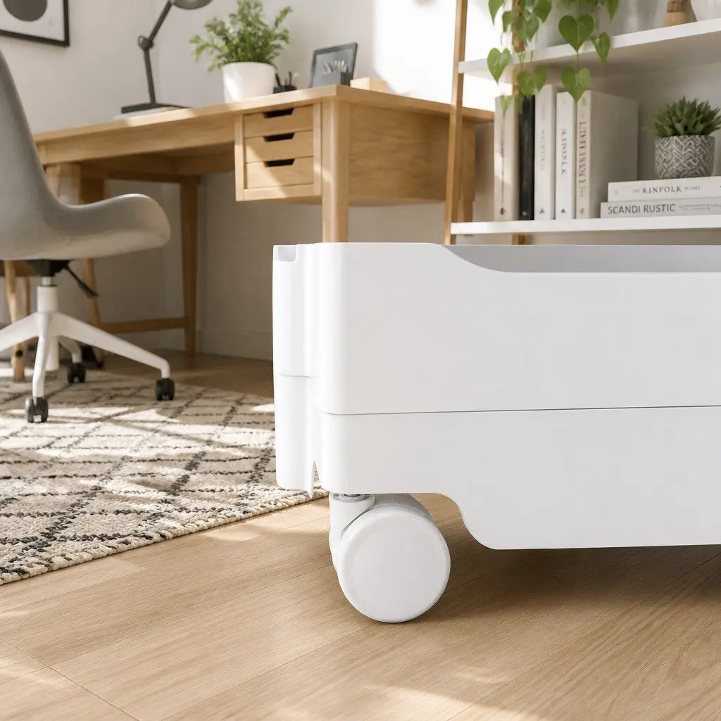 Storage Trolley Cart Compact White with Fold-Out Shelves and Smooth-Rolling Castor Wheels