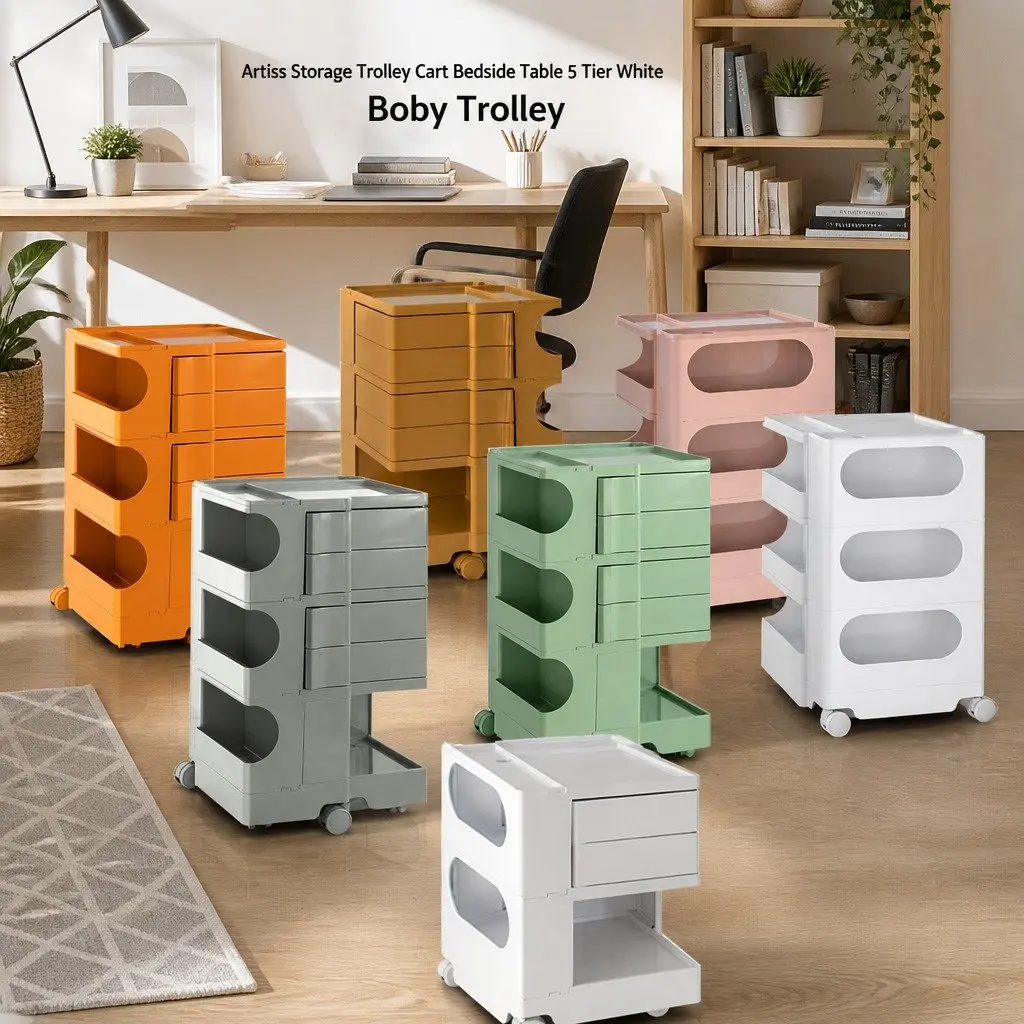 Storage Trolley Cart Compact White with Fold-Out Shelves and Smooth-Rolling Castor Wheels