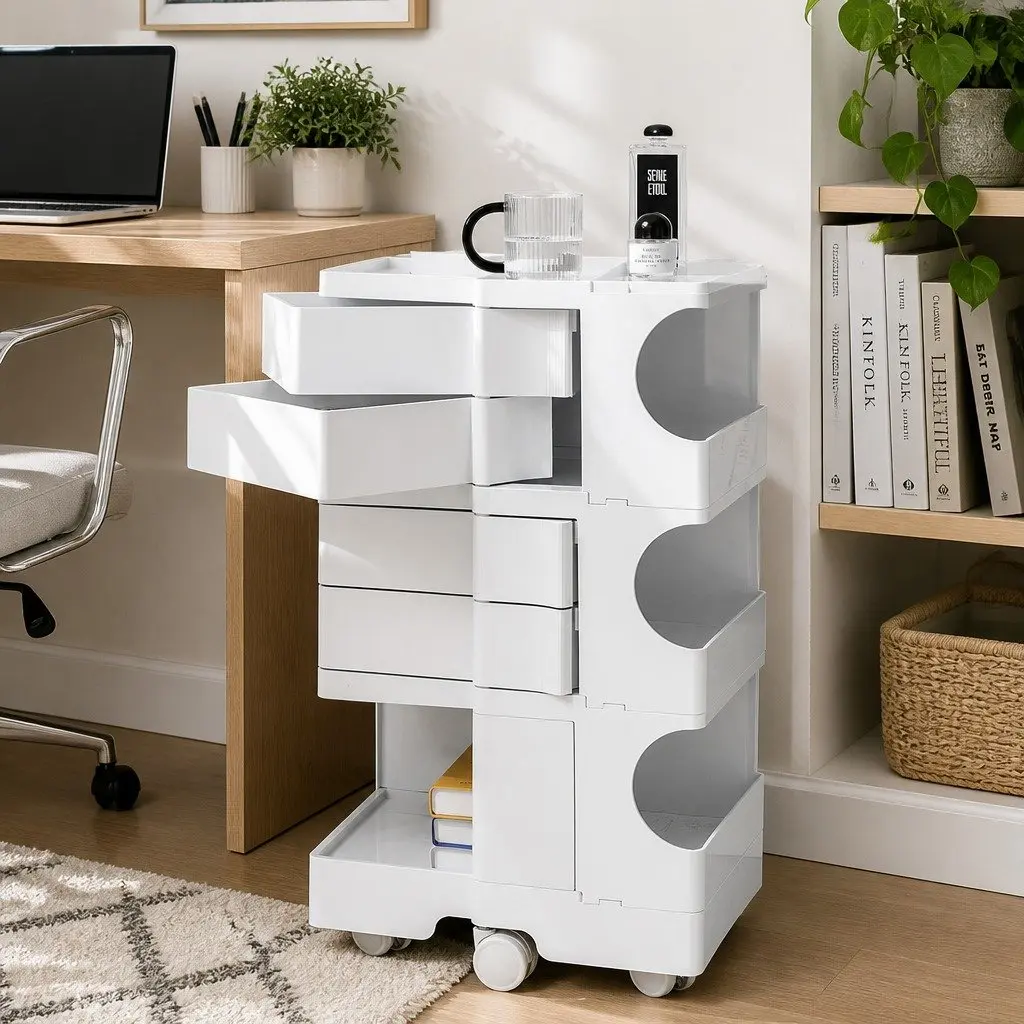 Storage Trolley Cart Compact White with Fold-Out Shelves and Smooth-Rolling Castor Wheels