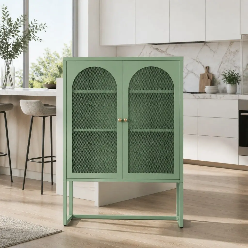 Buffet Sideboard Storage Cabinet 2-Door Light Green Mesh Adjustable Shelves