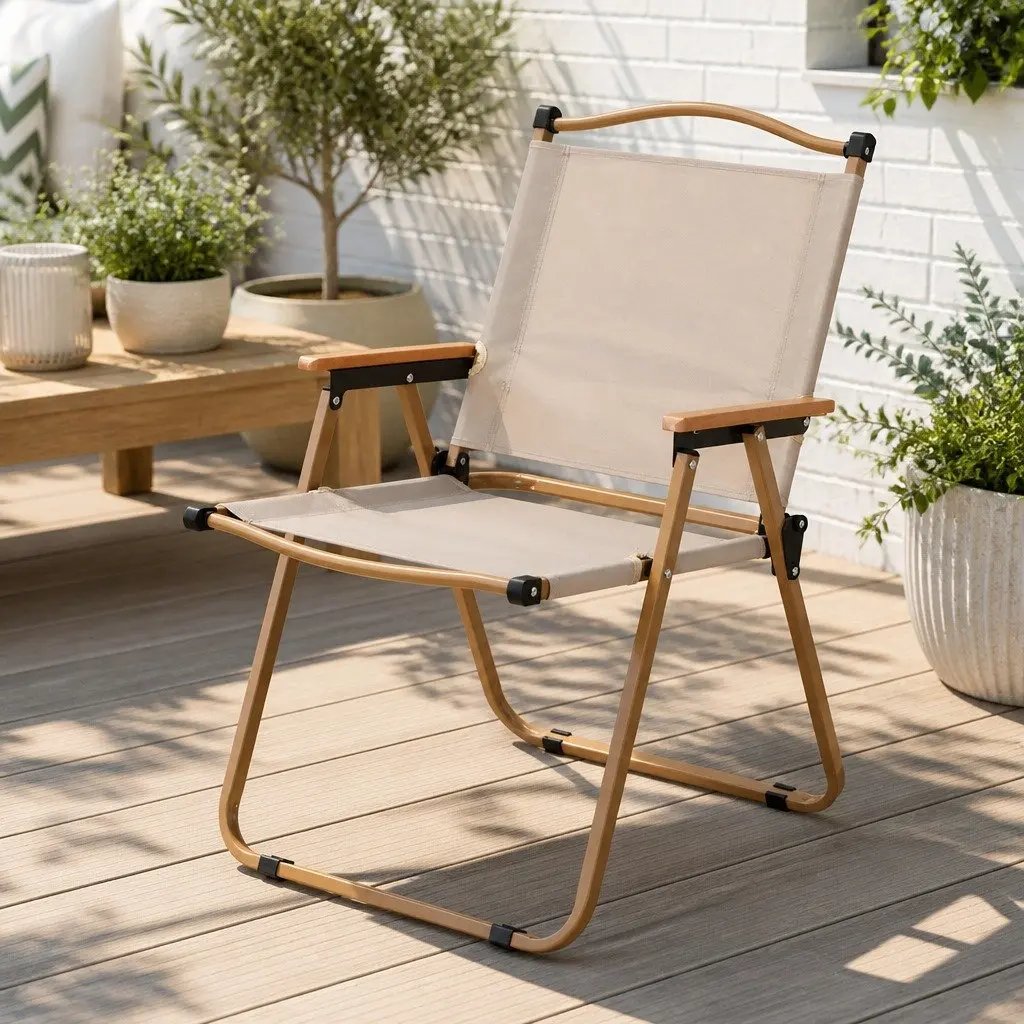 Beige Folding Chair Portable for Camping Beach and Patio Use