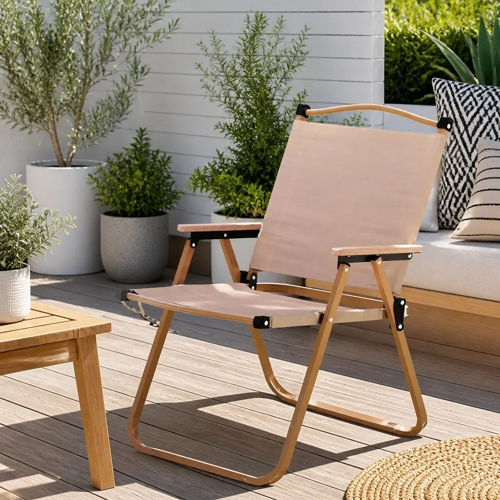 Beige Folding Chair Portable for Camping Beach and Patio Use