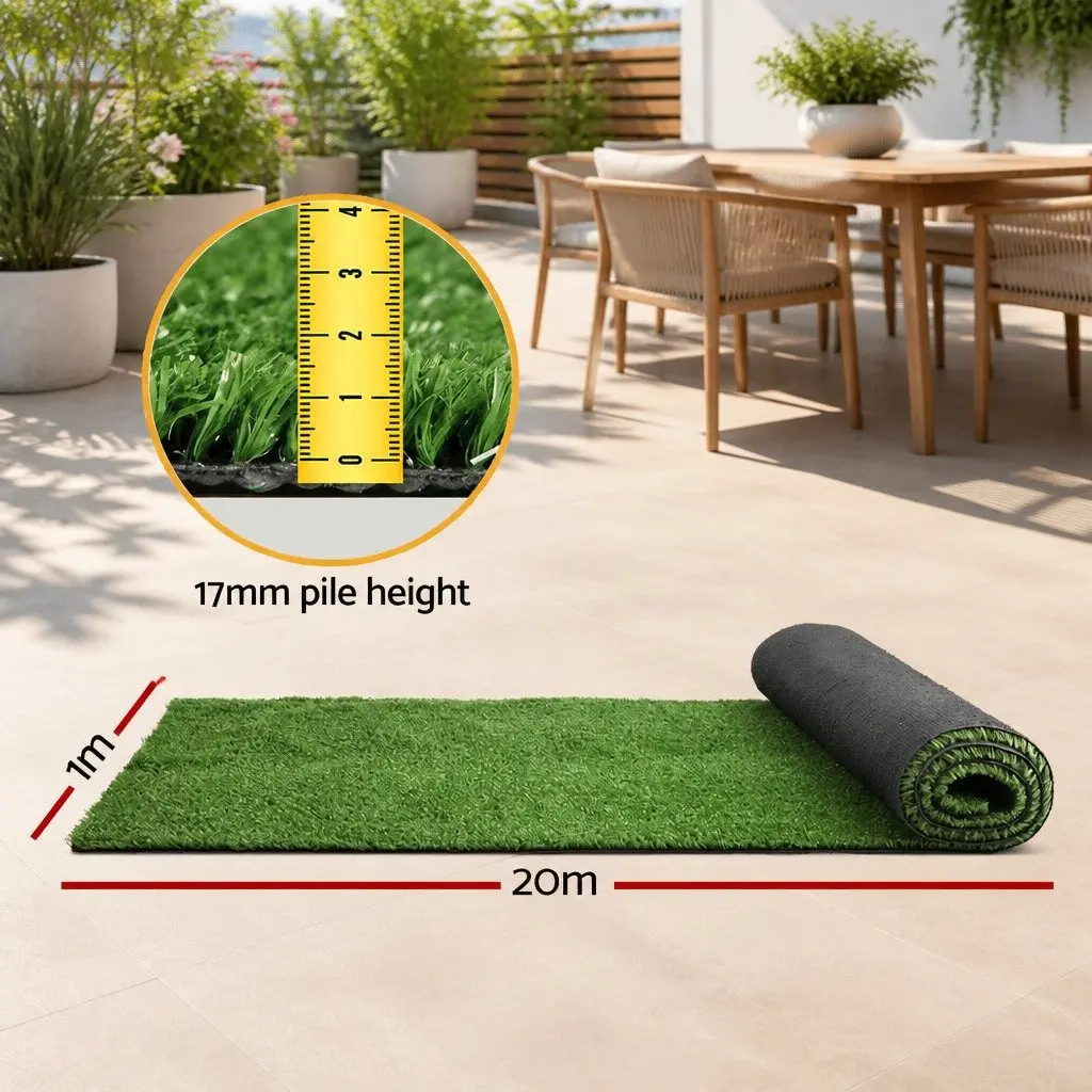 Synthetic Grass Turf Roll 1m x 20m Olive Green 17mm Durable Low Maintenance for Lawns Patios Balconies and Pool Areas