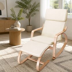 Elegant Beige Rocking Armchair with Footstool for Your Space