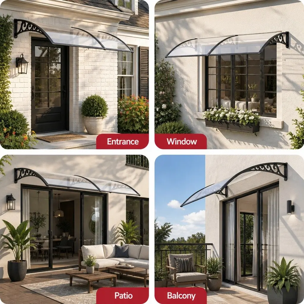 Window Door Awning 0.8M x 2M Transparent PC Panel UV and Rain Resistant Canopy Shelter Cover