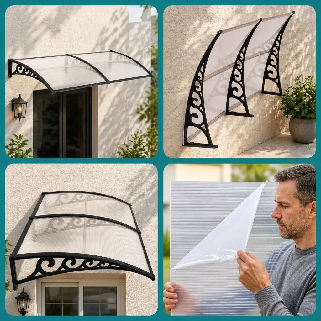 Window Door Awning 0.8M x 2M Transparent PC Panel UV and Rain Resistant Canopy Shelter Cover