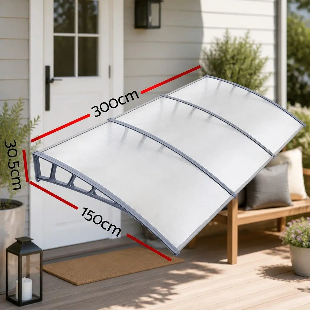 Awning Canopy 1.5m x 3m Clear Panel Grey Brackets UV and Rain Resistant DIY Installation