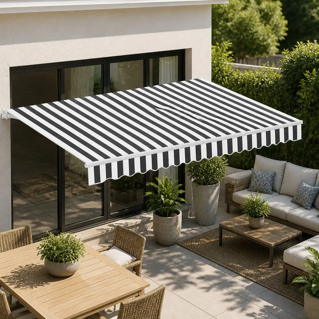 Retractable Folding Arm Awning 5m x 3m Manual Hand Crank UV Resistant Water Resistant Grey White