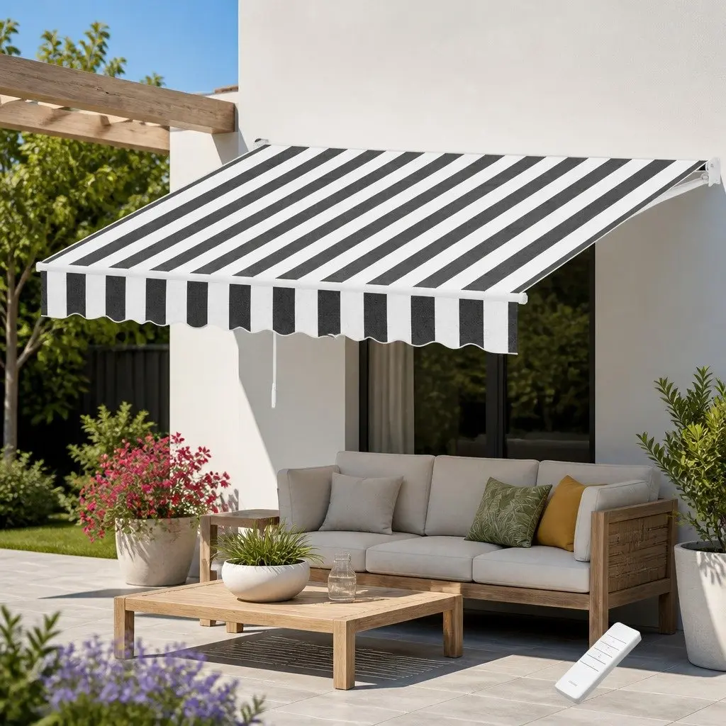 Motorised Retractable Folding Arm Awning 2.5m x 2m Remote Control UV Resistant Water Resistant Polyester Fabric