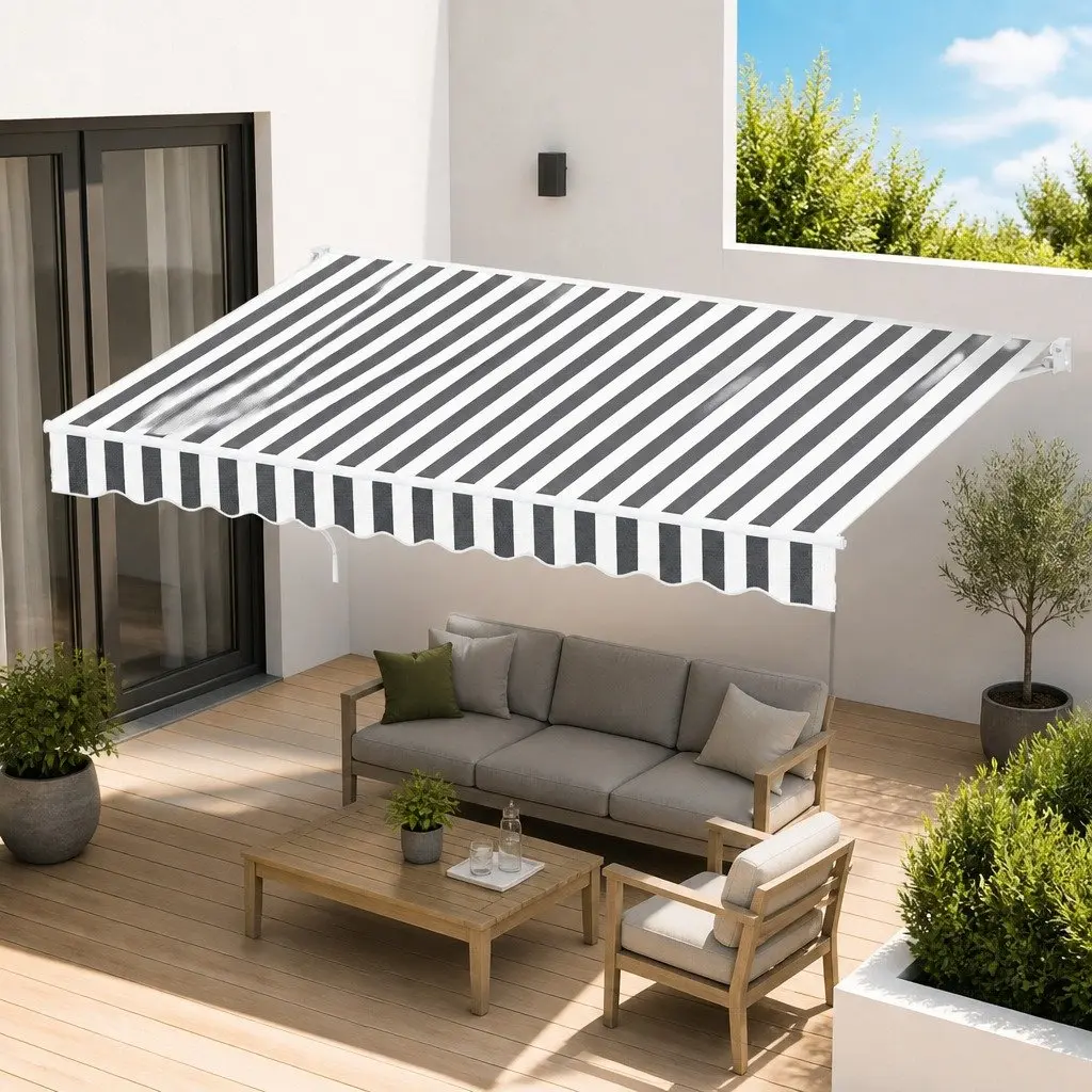 Motorised Retractable Folding Arm Awning 4.5m x 3m Remote Control UV Resistant Water Resistant Aluminium Frame