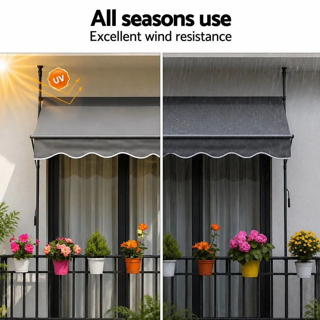 Retractable Awning 2X1.8M Grey Durable Steel Frame UV Resistant Polyester Fabric