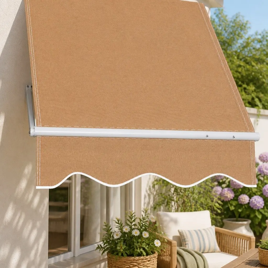 Retractable Pivot Arm Awning 2.1 x 2.1M Beige Aluminum Frame Polyester Fabric UV Tear Resistant