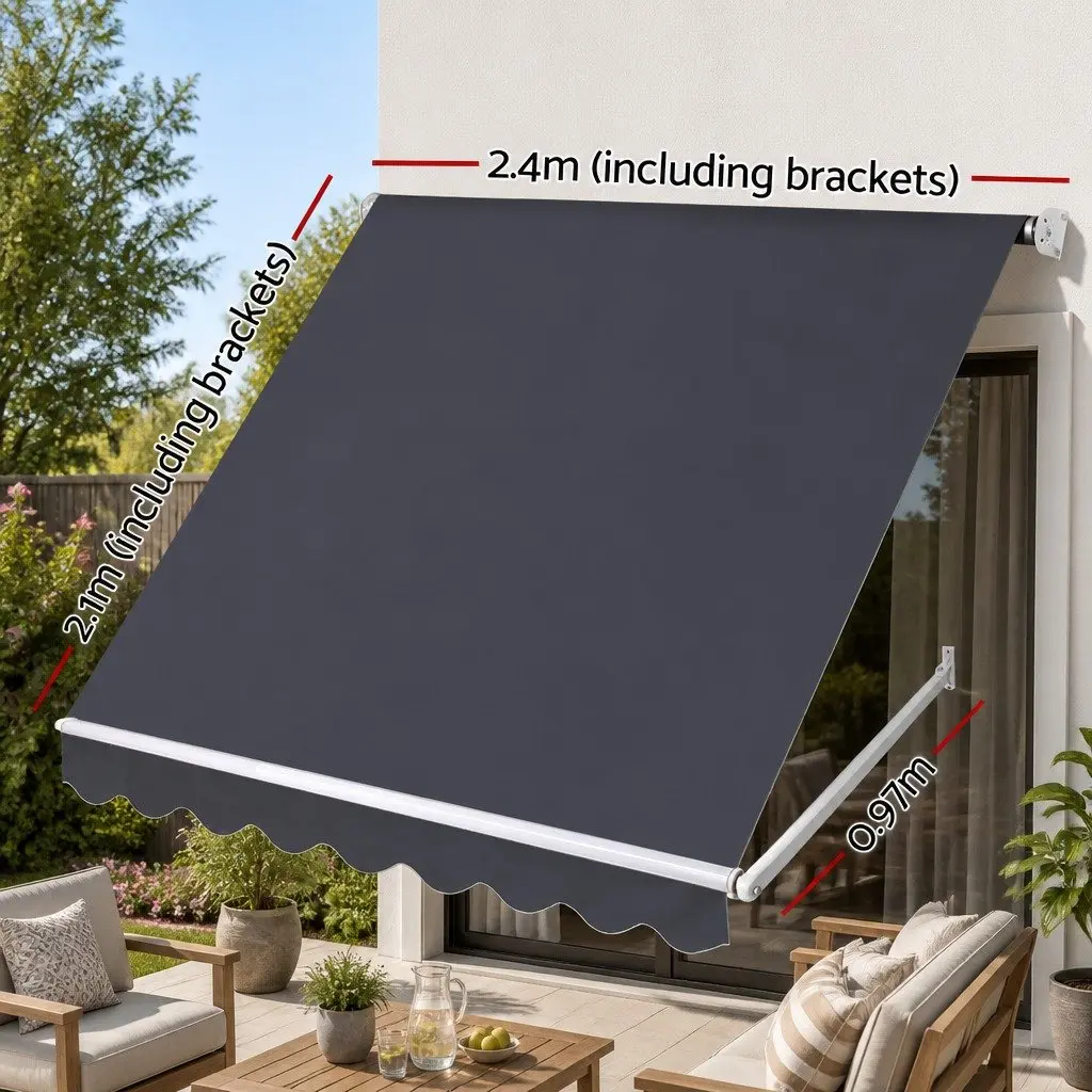Retractable Pivot Arm Awning 2.4m x 2.1m Grey UV Protection Polyester Fabric Outdoor Shade