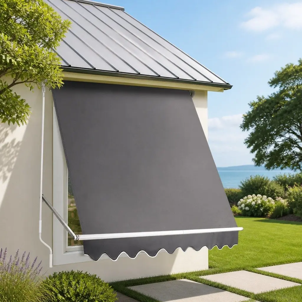 Retractable Pivot Arm Awning 2.4m x 2.1m Grey UV Protection Polyester Fabric Outdoor Shade
