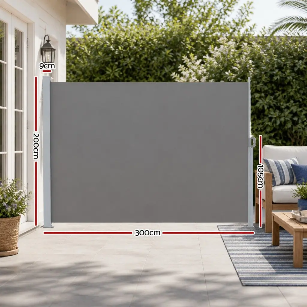 Retractable Side Awning 2M x 3M Grey Outdoor Privacy Screen UV and Tear Resistant Steel Frame