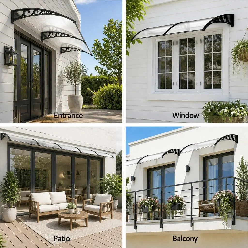 Window Door Awning 1m x 2.4m Transparent PC Panel UV Rain Resistant Shading