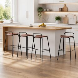 Bar Stools Set of 4 Kitchen Counter Dining Chair Metal Frame Brown Cushioned