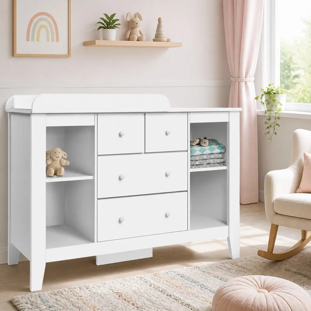 Baby Changing Table Storage Chest with Removable Change Platform Four Drawers and Four Shelves for Nursery