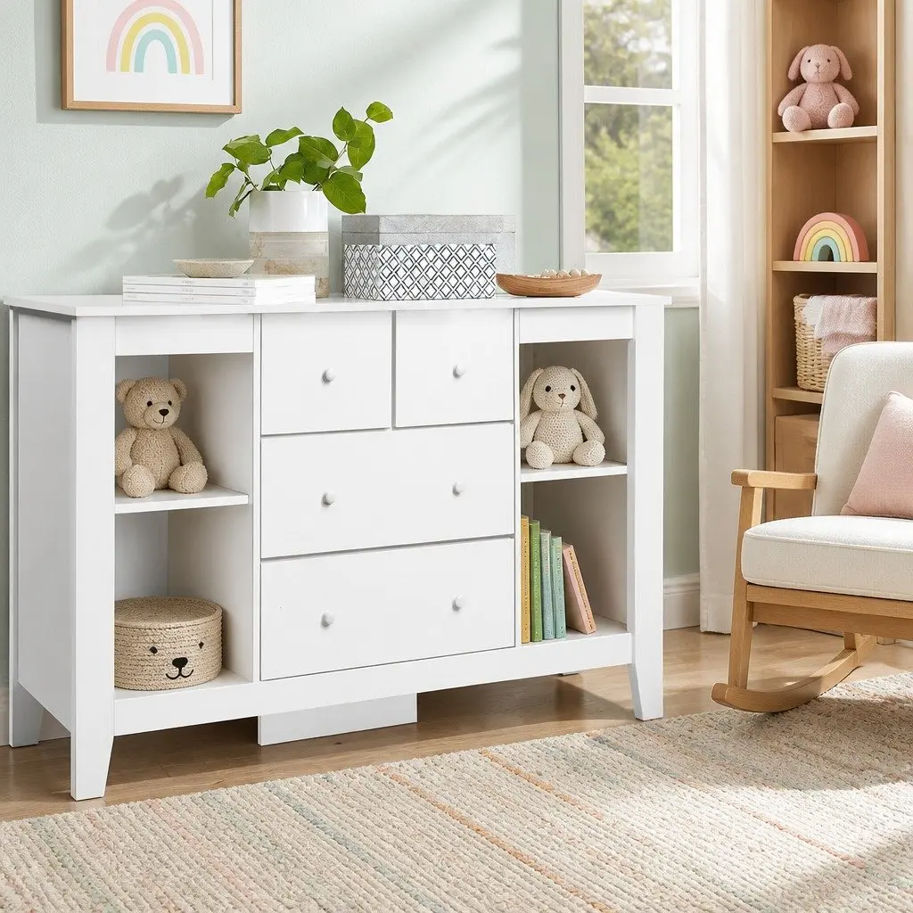 Baby Changing Table Storage Chest with Removable Change Platform Four Drawers and Four Shelves for Nursery