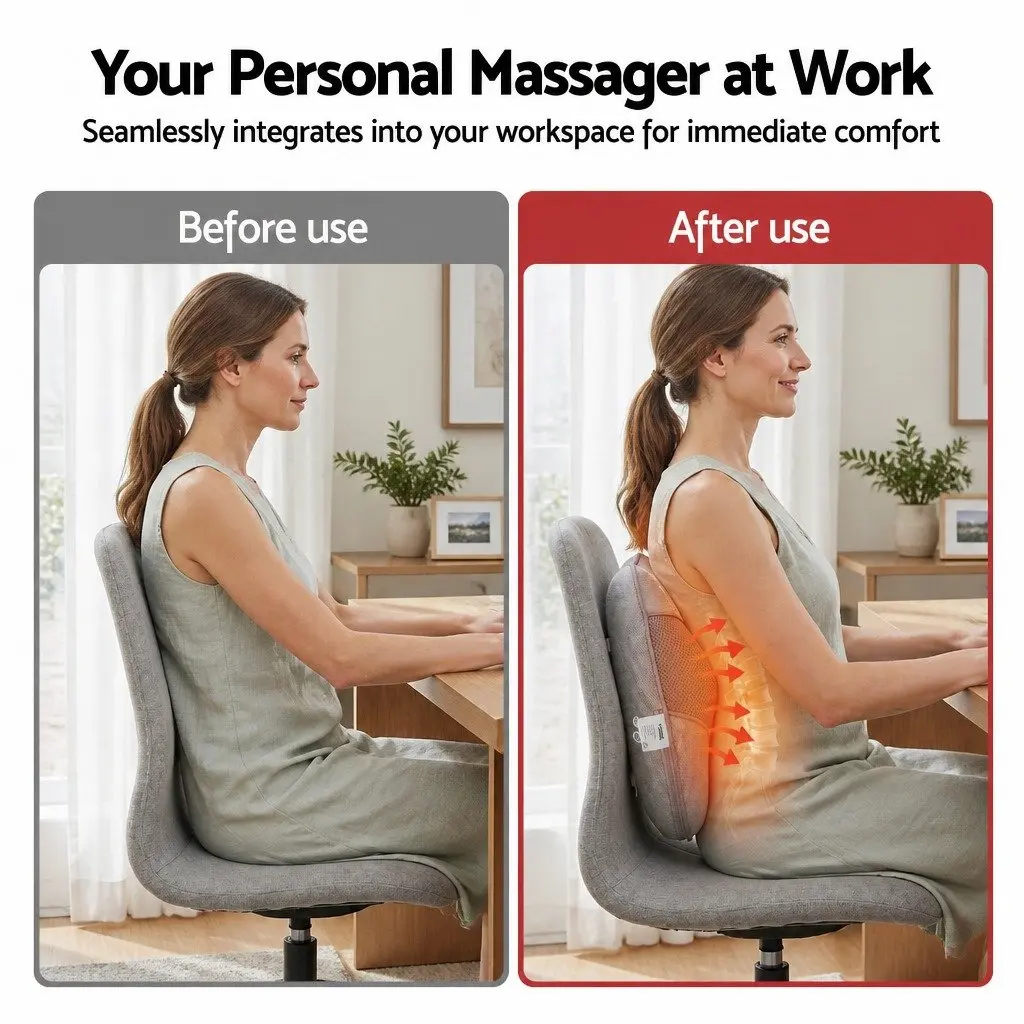 Back Massage Pillow USB Ergonomic Lumbar Support 3-Speed Heat Relief
