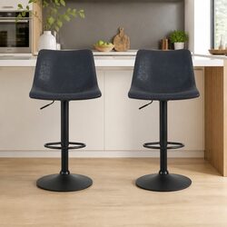 Stylish Vintage Leather Bar Stools with Adjustable Height - Black 2 Pack