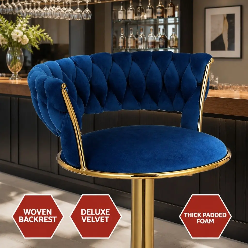 Navy Blue Velvet Bar Stools Set Adjustable Height Swivel Chair with Woven Backrest 2 Piece