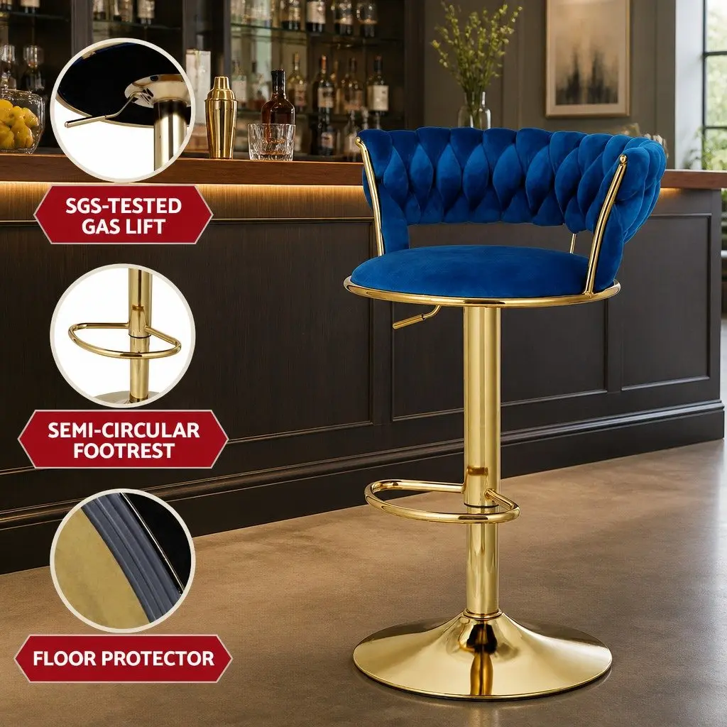 Navy Blue Velvet Bar Stools Set Adjustable Height Swivel Chair with Woven Backrest 2 Piece
