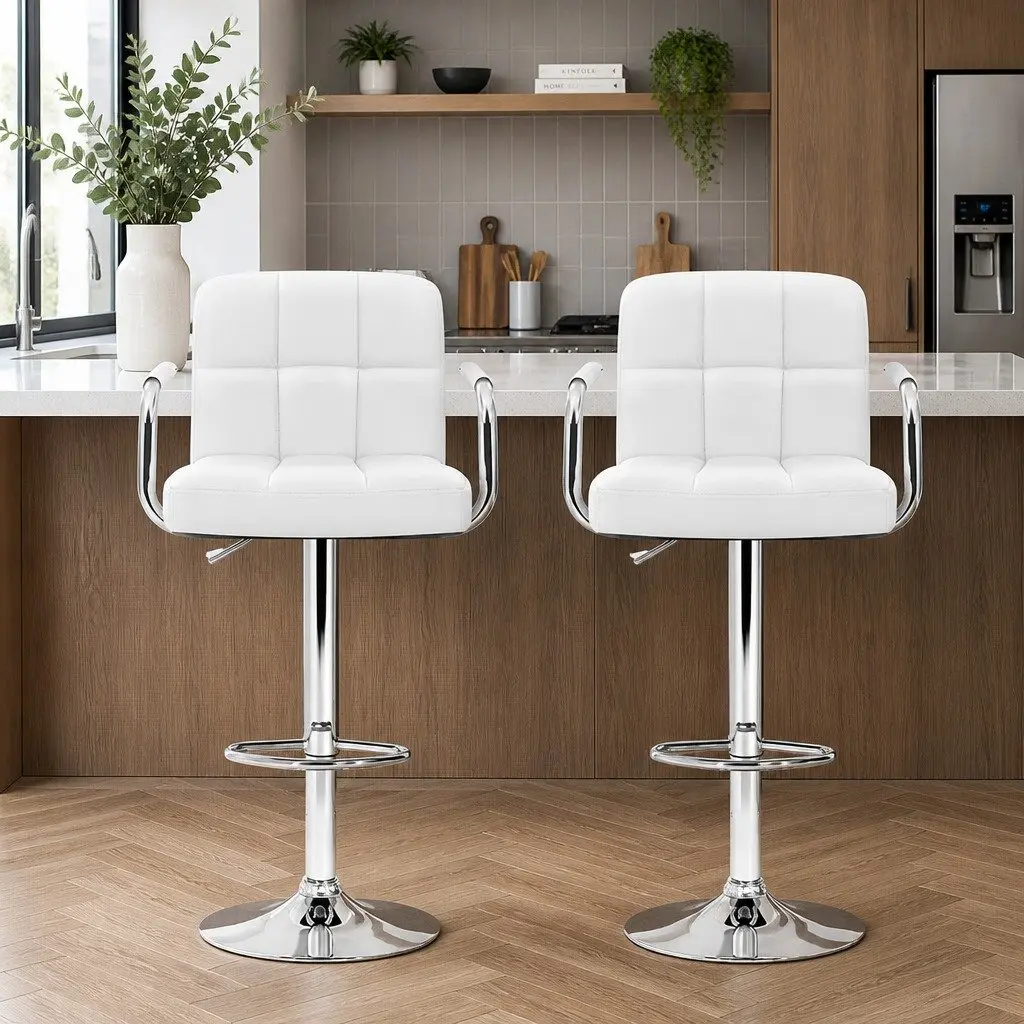 Bar Stools 2 Pack Adjustable Height Swivel Armrest White PU Leather Kitchen Dining Chairs