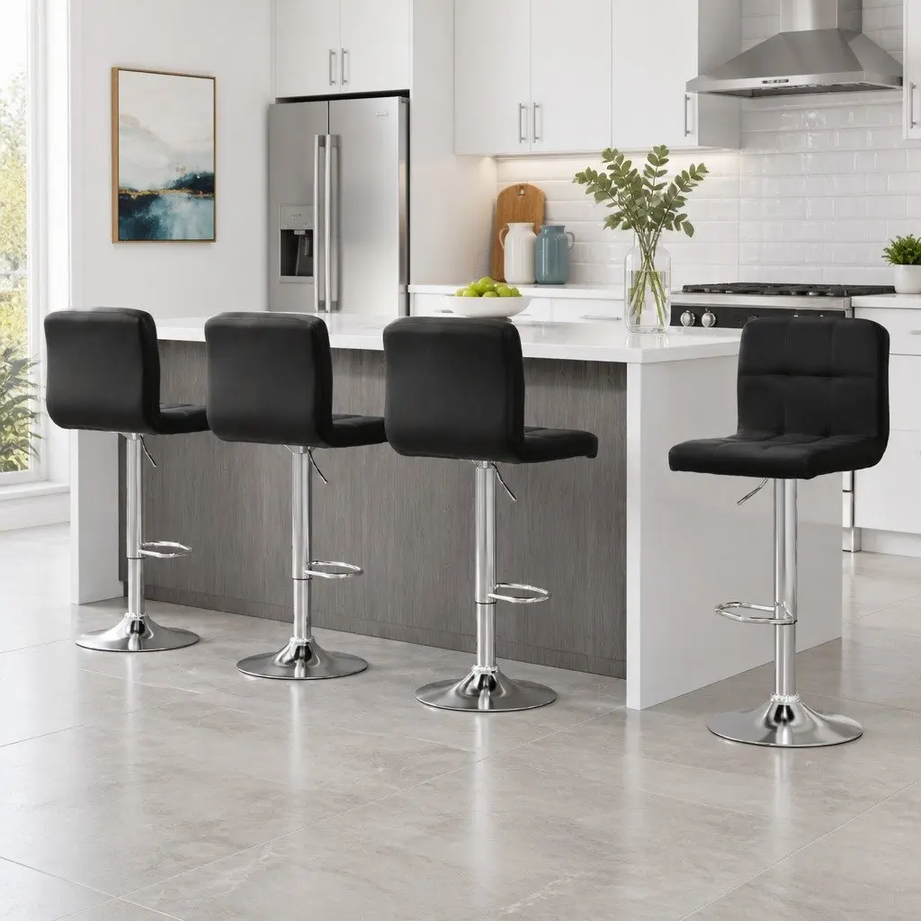 Bar Stools Set of 4 Black Swivel Adjustable Height Padded Seat with Footrest