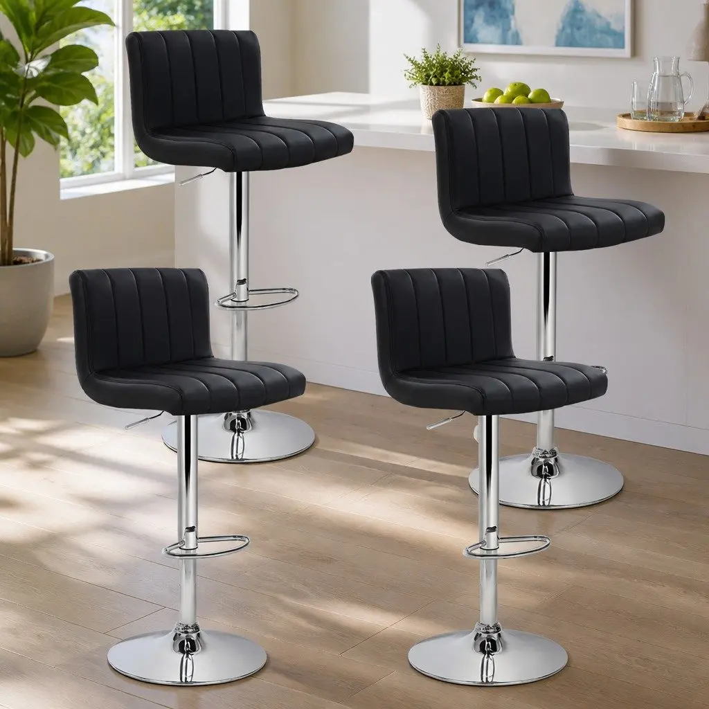 Bar Stools Set of 4 Adjustable Height Gas Lift Swivel Seat Black PU Leather High Backrest Chrome Base