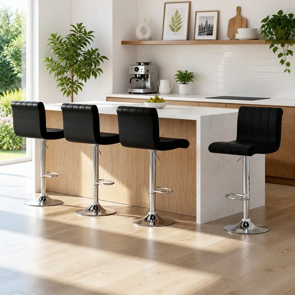 Bar Stools Set of 4 Adjustable Height Gas Lift Swivel Seat Black PU Leather High Backrest Chrome Base