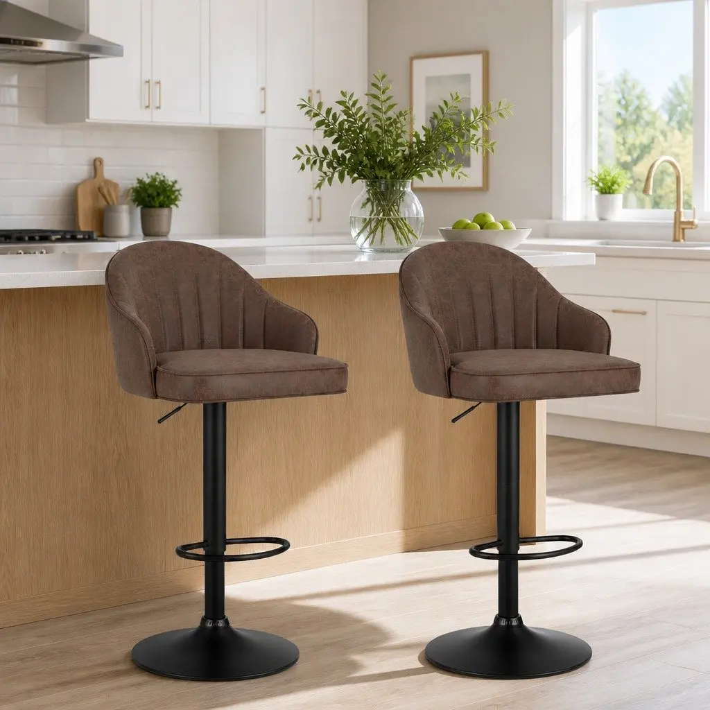 Bar Stools Set of 2 Adjustable Height Swivel Gas Lift Brown
