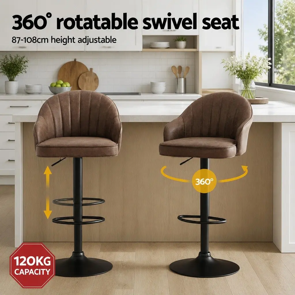 Bar Stools Set of 2 Adjustable Height Swivel Gas Lift Brown