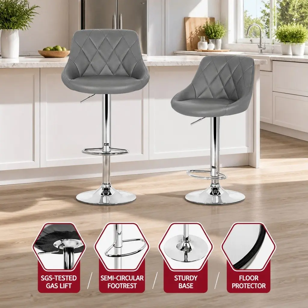 Bar Stools 2 Piece Grey Padded Gas Lift Swivel Seat Chrome Base Height Adjustable