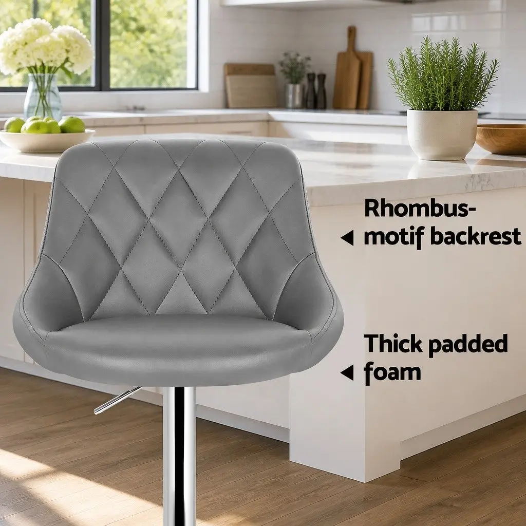 Bar Stools 2 Piece Grey Padded Gas Lift Swivel Seat Chrome Base Height Adjustable
