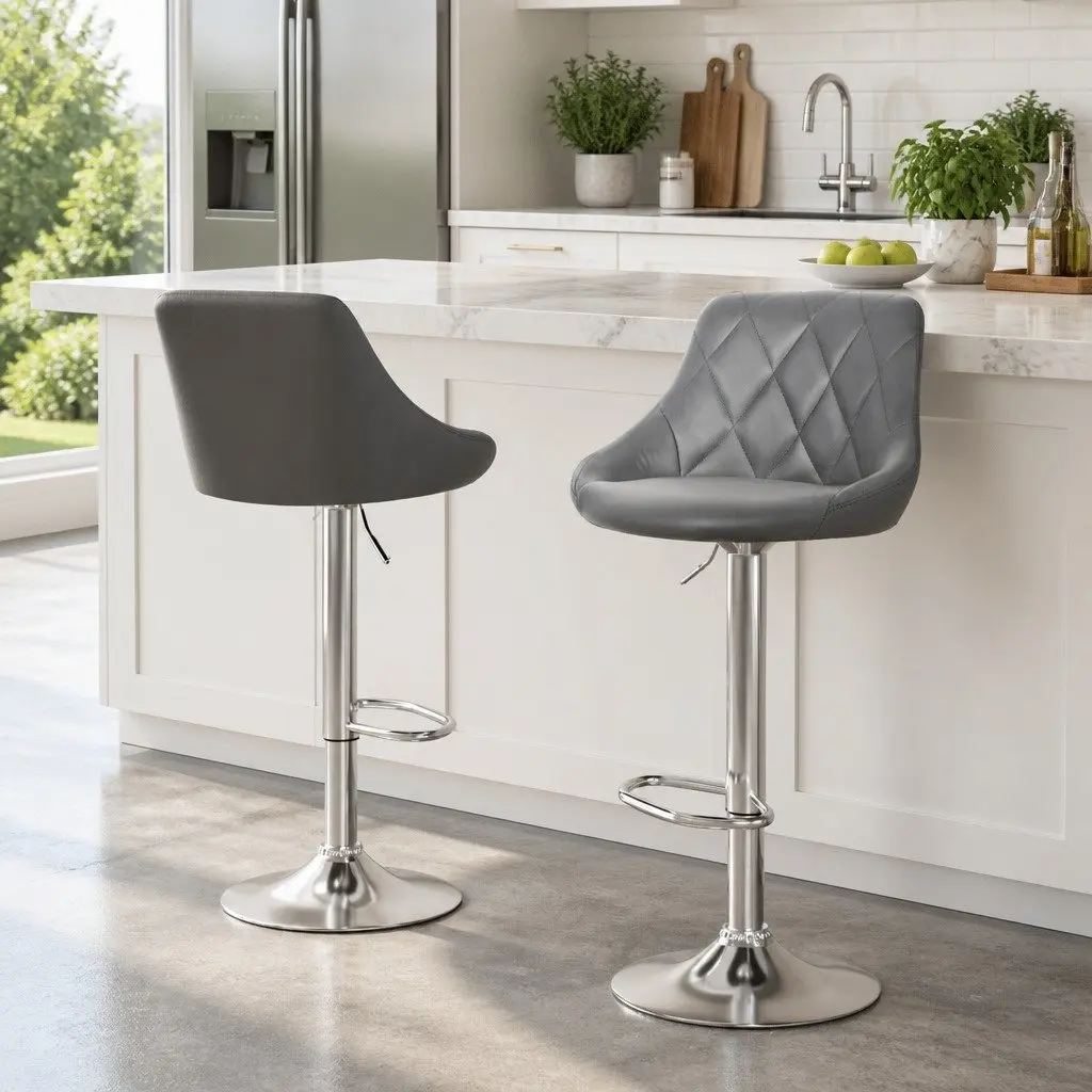 Bar Stools 2 Piece Grey Padded Gas Lift Swivel Seat Chrome Base Height Adjustable