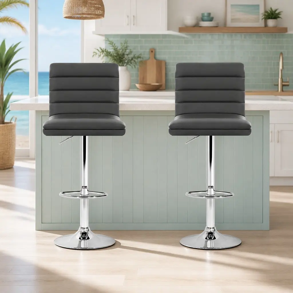 Bar Stools Grey Padded Faux Leather Gas Lift Swivel Chair Set of 2
