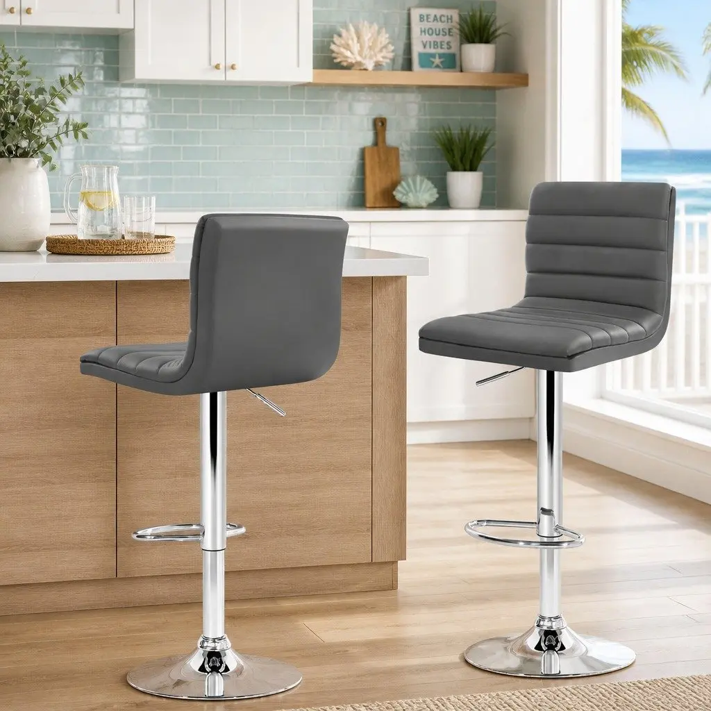 Bar Stools Grey Padded Faux Leather Gas Lift Swivel Chair Set of 2