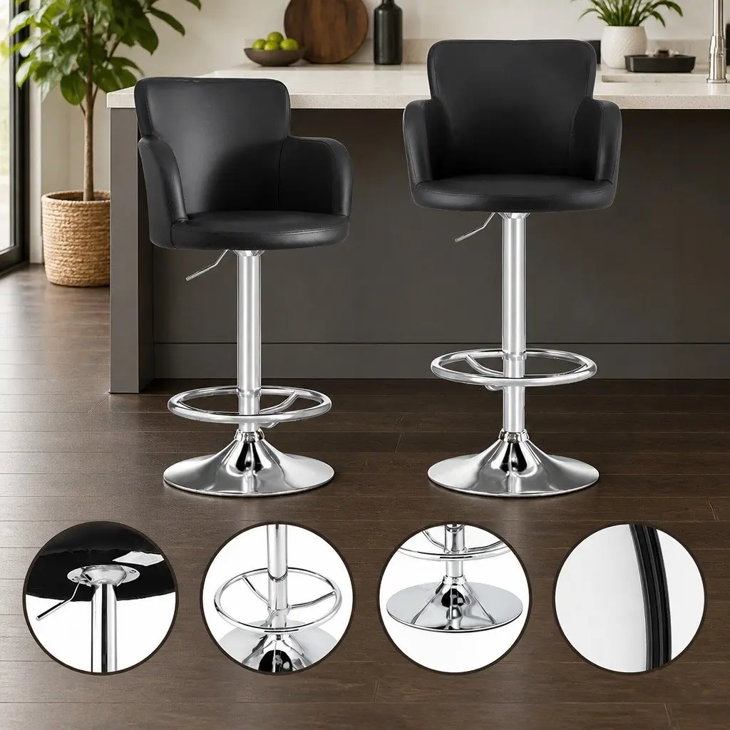 Bar Stools Set of 2 Adjustable Swivel PU Leather Counter Chairs Black