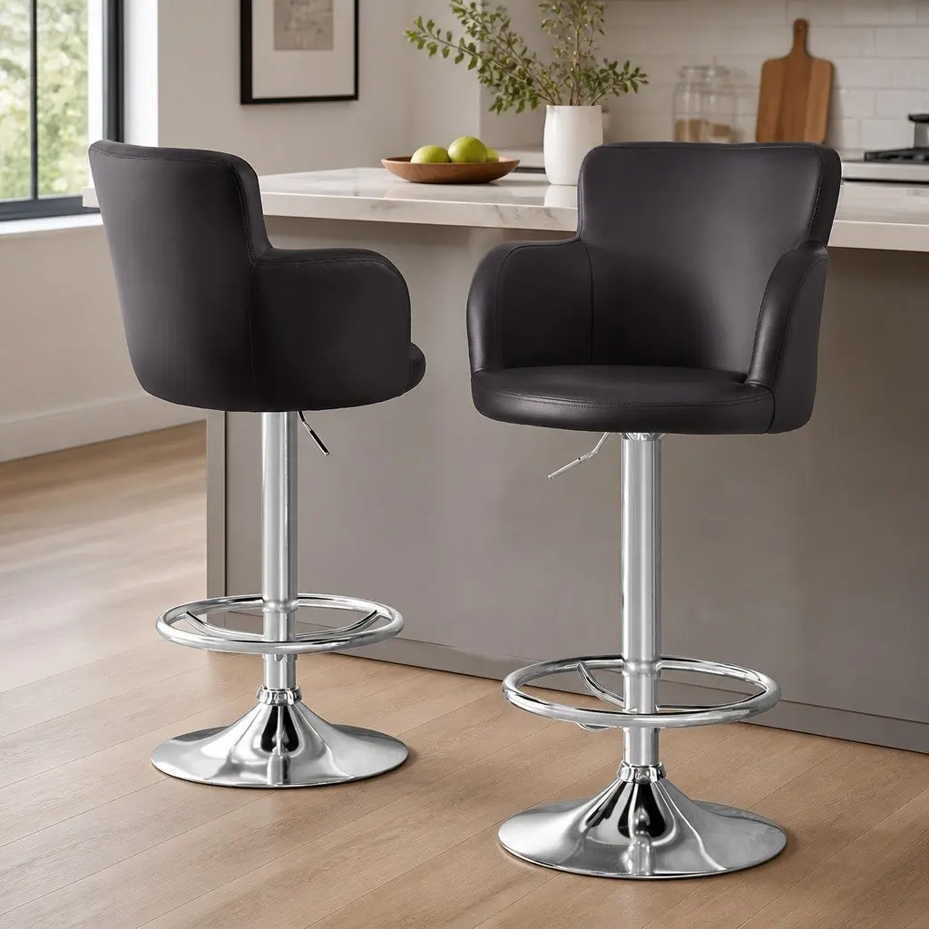 Bar Stools 2 Piece Swivel Counter Height Adjustable Gas Lift PU Leather Seating Brown