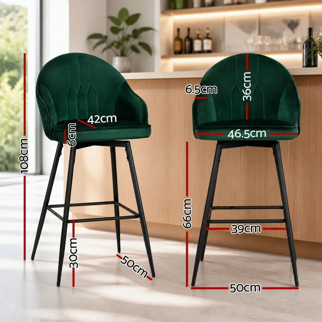 Bar Stools 2x Green Velvet Padded Back Swivel Seat Metal Legs