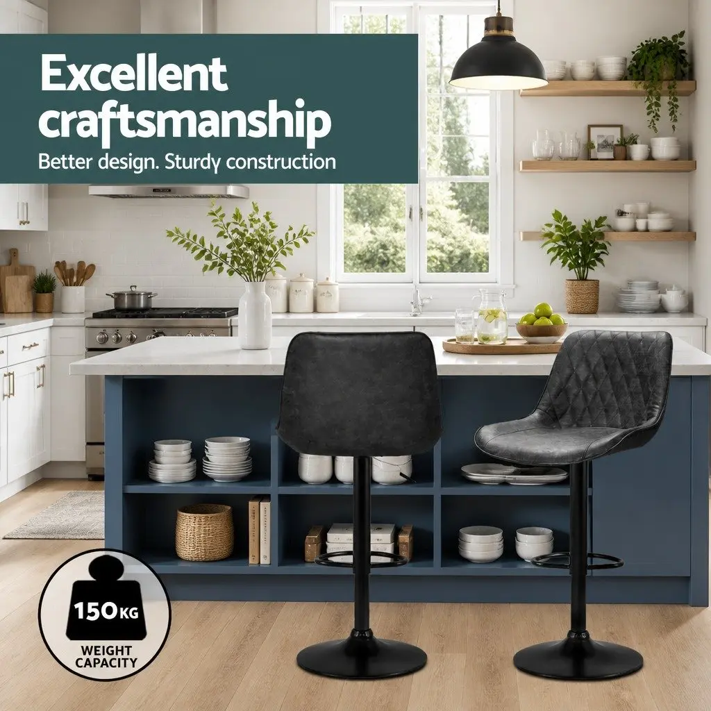 Bar Stools Set of 4 Adjustable Height Gas Lift Swivel Vintage Leather Black