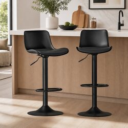 Stylish Black Bar Stools: Adjustable Gas Lift & Swivel Set of 2