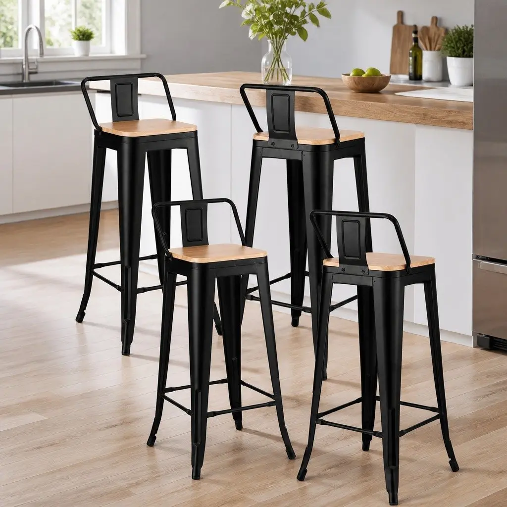 Bar Stools Set of 4 Stackable Metal Frame with MDF Seat for Kitchen Counter Dining Black Pine
