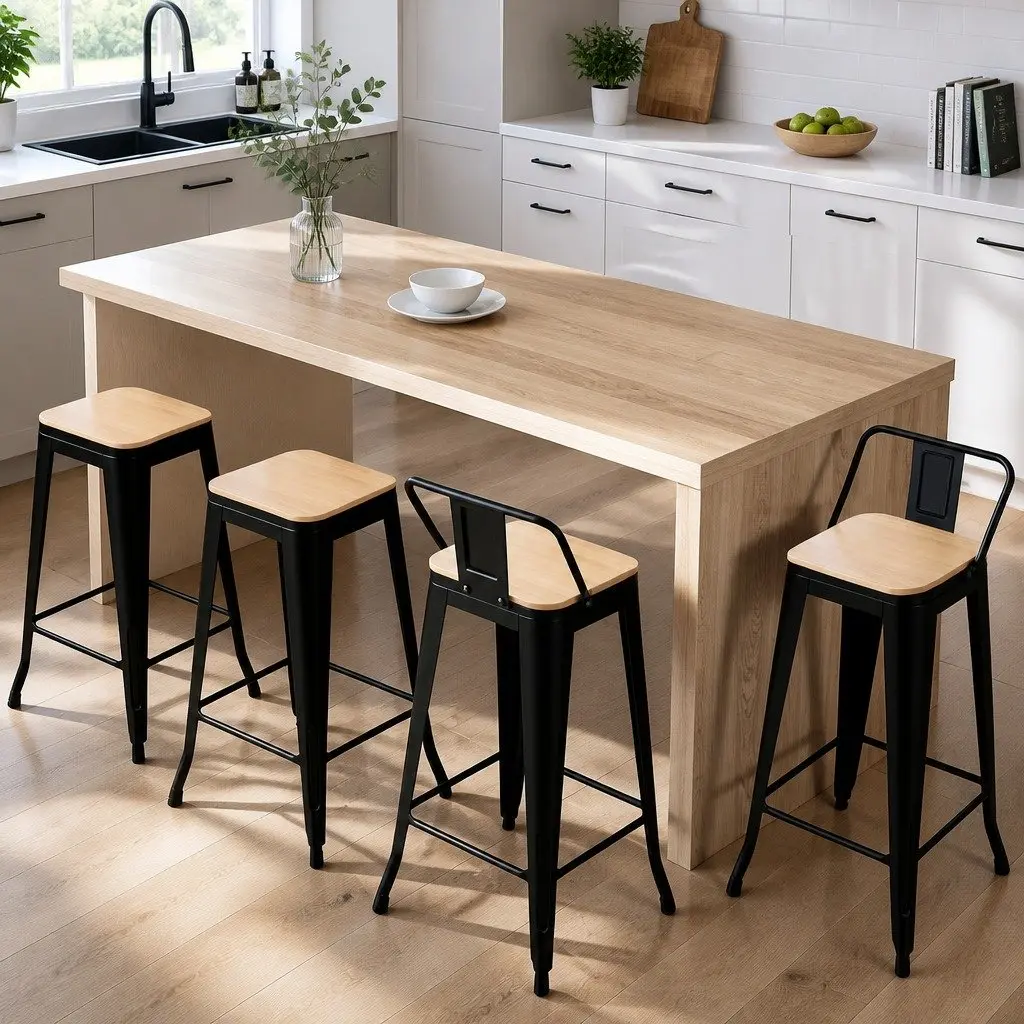 Bar Stools Set of 4 Stackable Metal Frame with MDF Seat for Kitchen Counter Dining Black Pine