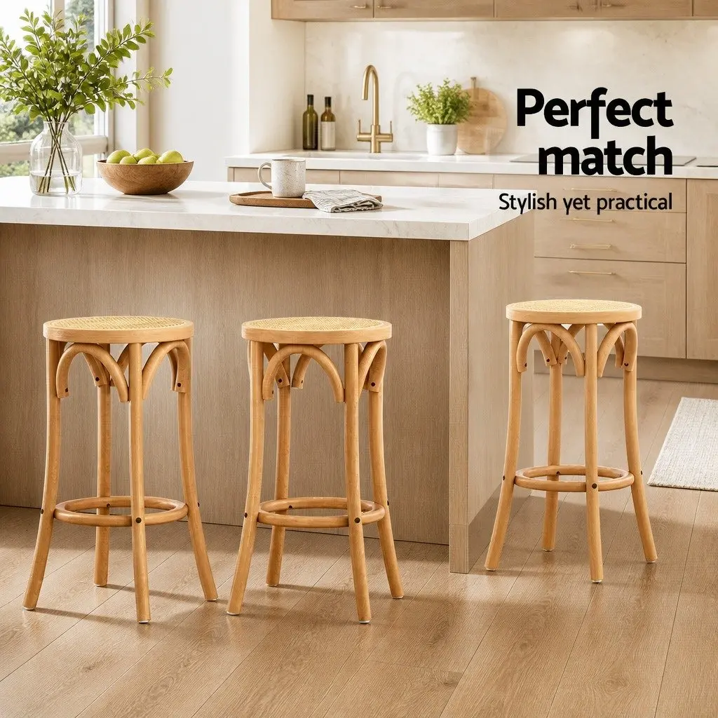 Bar Stools Set of 2 Rattan Seat Beechwood Frame Kitchen Dining Room Furniture Pine