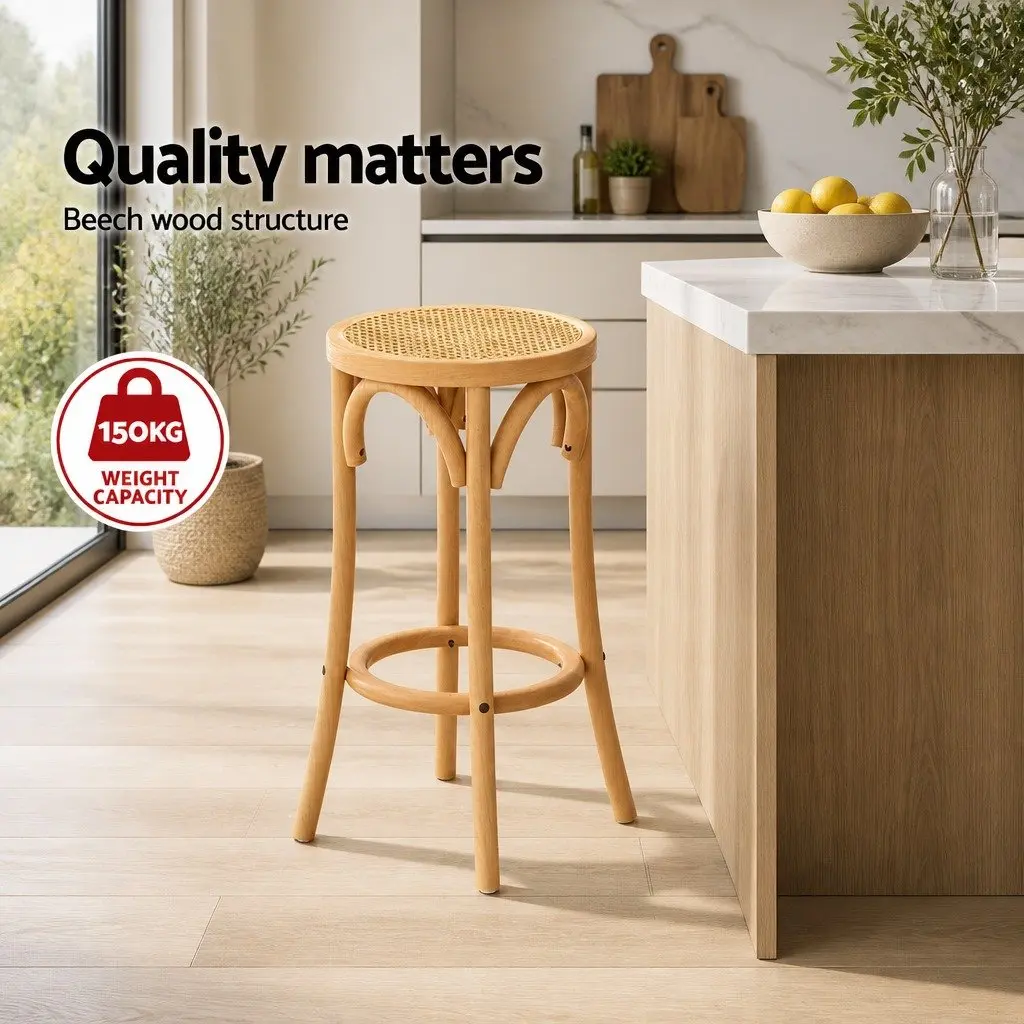 Bar Stools Set of 2 Rattan Seat Beechwood Frame Kitchen Dining Room Furniture Pine