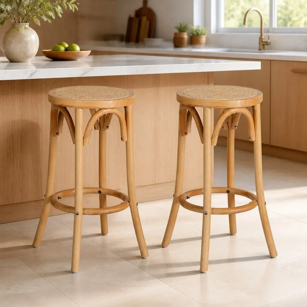Bar Stools Set of 2 Rattan Seat Beechwood Frame Kitchen Dining Room Furniture Pine