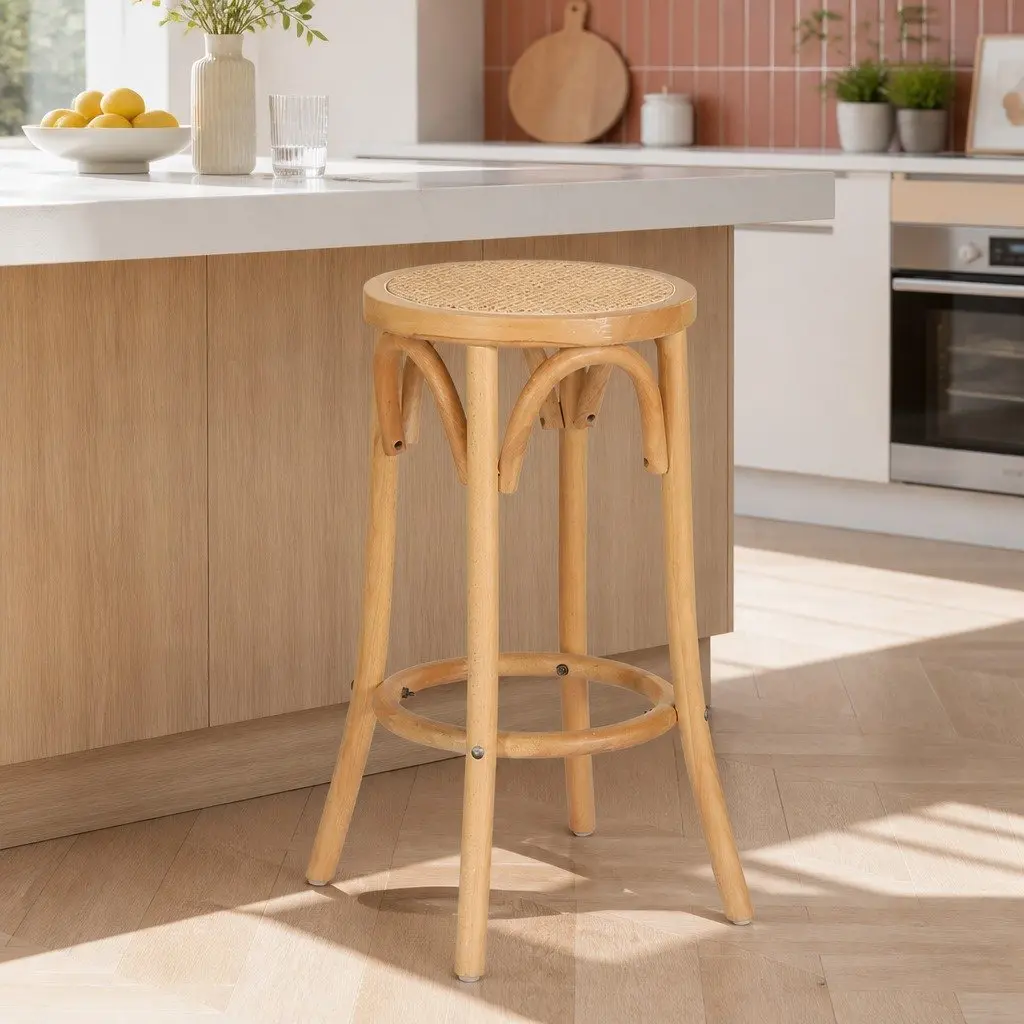 Bar Stool 65cm Rattan Seat Wooden Frame Footrest Anti-slip
